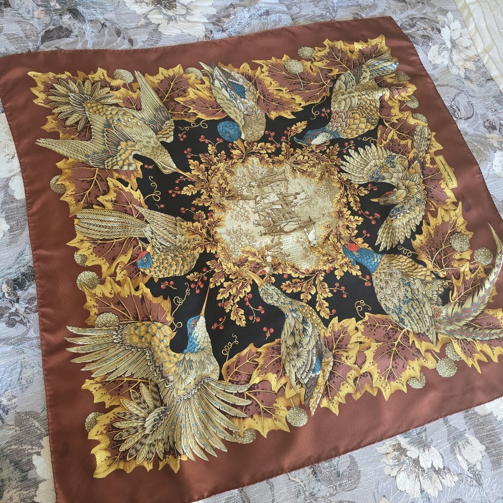 Elegant Silk Salvatore Ferragamo Scarf with Bird and Leaf Design